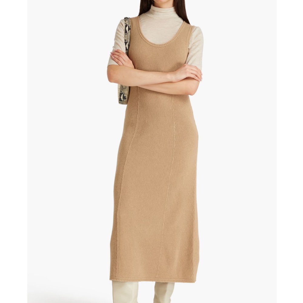 NWT VINCE Wool Cashmere Ribbed Knit Tan Sweater Midi Dress Size Small